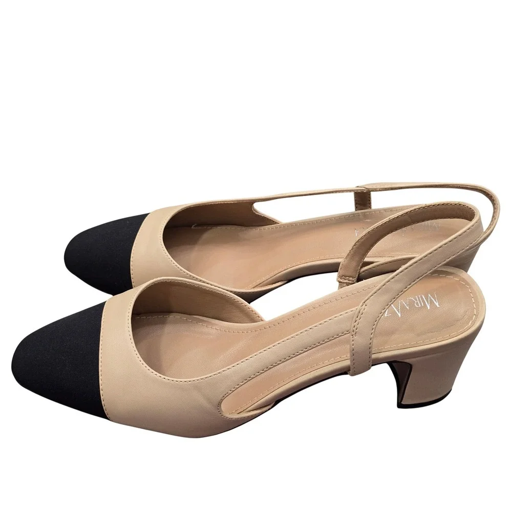 Mira Azzurra Beige Black Cap Toe Slingback‎ Heels 8 Quiet Luxury Classic Preppy